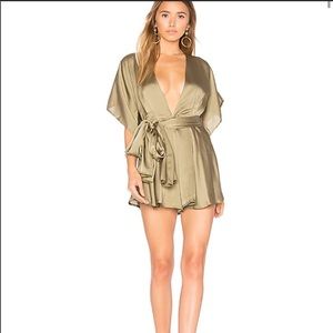 Green satin  jumpsuit with scarf